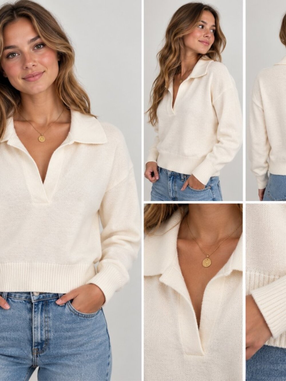 TRUTH by Republic Ivory Collared V Neck Knit Sweater Pullover M NWT